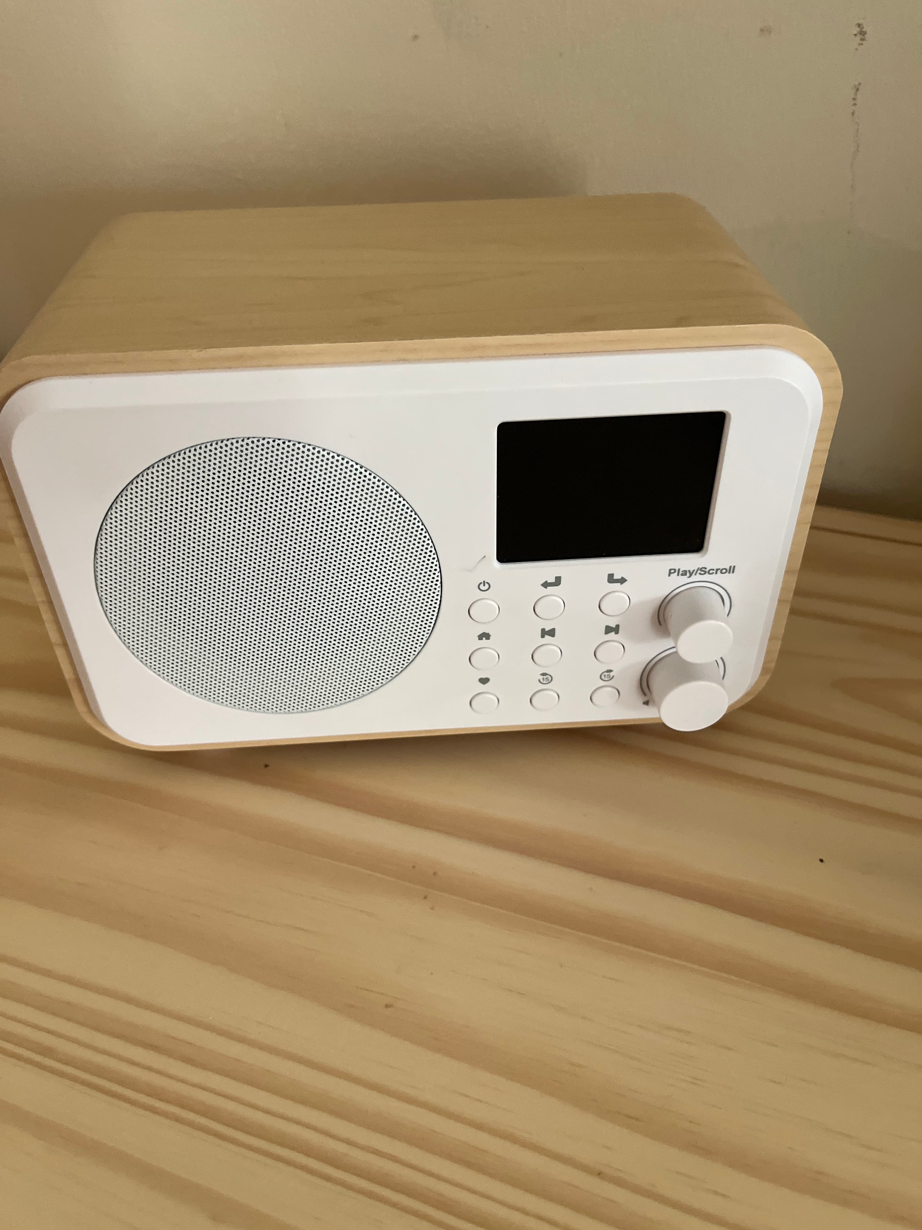 Wood-Cabinet Digital Radio with Display and Play/Scroll Dial